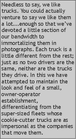 Text Box: Needless to say, we like trucks. You could actually venture to say we like them a lot...enough so that we’ve devoted a little section of our bandwidth to immortalizing them in photographs. Each truck is a little different from the rest; just as no two drivers are the same, neither are the trucks they drive. In this we have attempted to maintain the look and feel of a small, owner-operator establishment, differentiating from the super-sized fleets whose cookie-cutter trucks are as impersonal as the companies that move them.