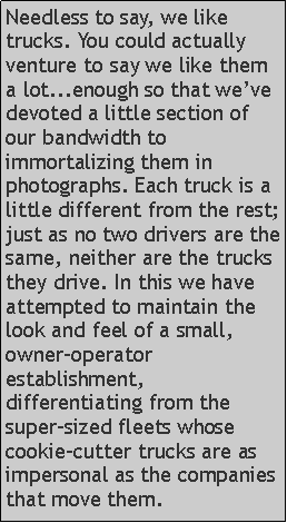 Text Box: Needless to say, we like trucks. You could actually venture to say we like them a lot...enough so that weve devoted a little section of our bandwidth to immortalizing them in photographs. Each truck is a little different from the rest; just as no two drivers are the same, neither are the trucks they drive. In this we have attempted to maintain the look and feel of a small, owner-operator establishment, differentiating from the super-sized fleets whose cookie-cutter trucks are as impersonal as the companies that move them.